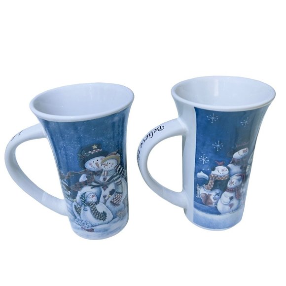 Christmas Winter Time Pair of Latte Mugs Coffee Tea Cups Blue sayings on handles - Picture 3 of 8